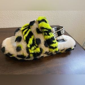 UGG Lime Green Leopard Print Fluff  Sandals slippers